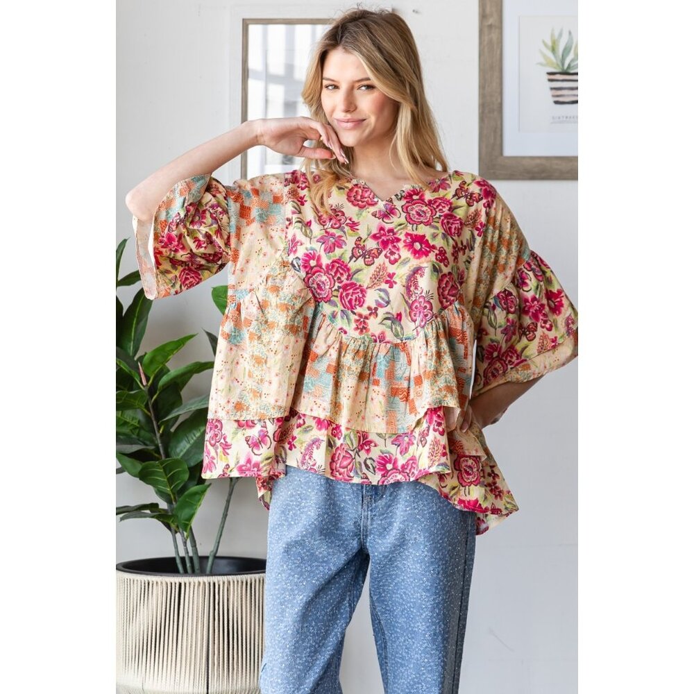 Oli & Hali Washed Multi Print Oversized Top FUCHSIA